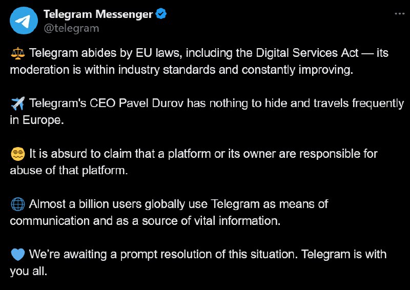Telegram回应称被捕的首席执行官杜罗夫“没有什么可以隐瞒的”