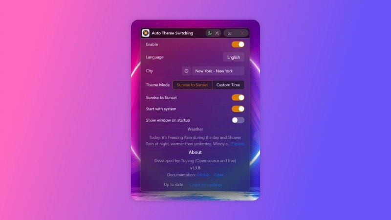 #软件 #工具 #开源☀️ Windows AutoTheme - Windows 主题自动切换工具▎软件平台